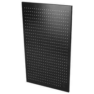 The Draper Bunker® Modular Back Panel/Pegboard, 602mm - MS400-PB is a black perforated metal panel with small, evenly spaced holes, crafted from premium-quality steel and finished with an industrial powder coating for the BUNKER® modular storage system.