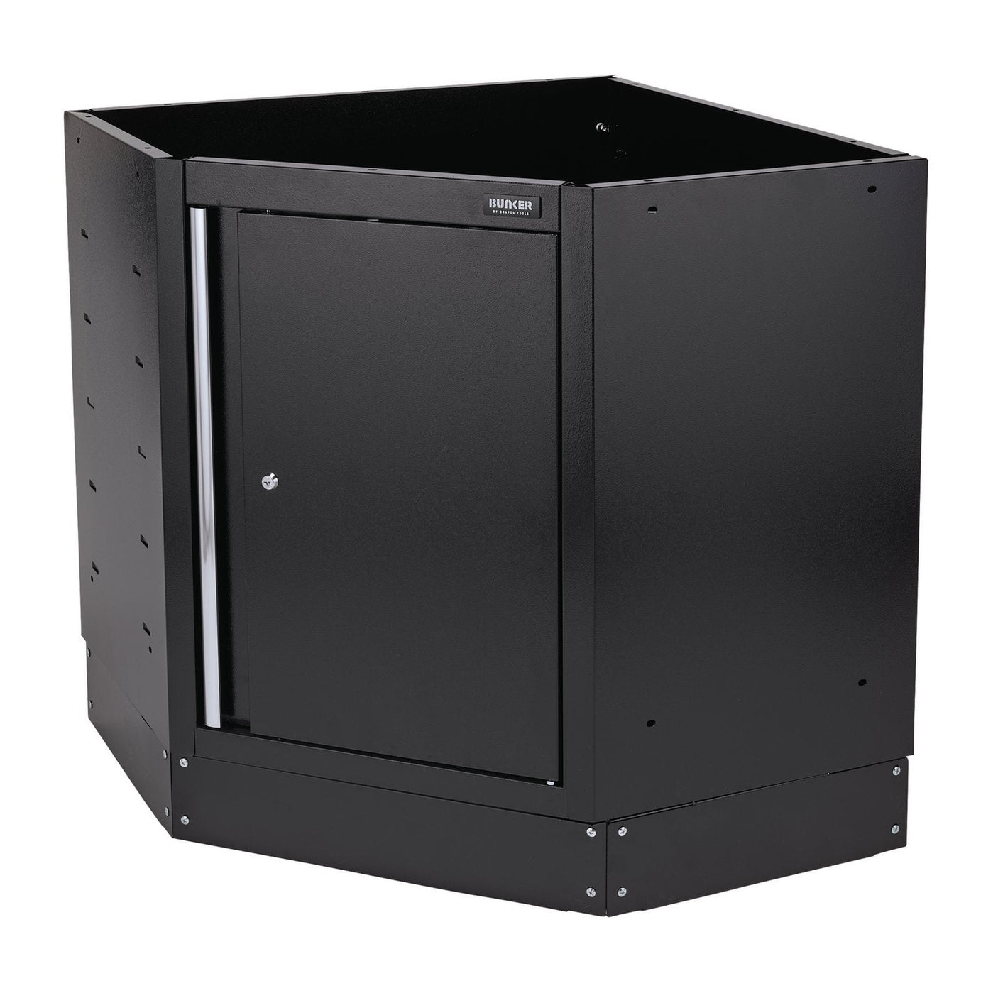 The Draper Bunker® Modular Corner Floor Cabinet, 865mm - MS400-1BCC, is a black, metal corner cabinet featuring a single door with a lock. Constructed from premium-quality steel and finished with an industrial powder coating, this cabinet is ideal for garage or workshop storage.