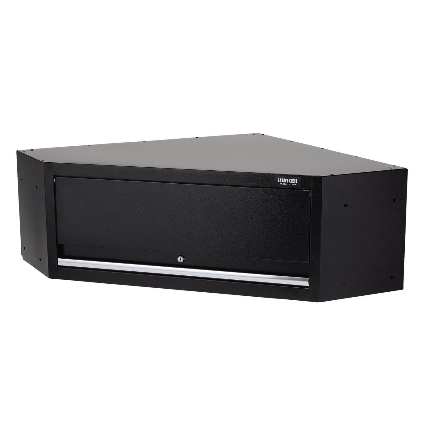 Introducing the Draper Bunker® Modular Corner Wall Cabinet, 865mm - MS400-1WCC. This black, wedge-shaped cabinet by Draper comes with a lockable door and a silver handle, featuring a durable powder coating for long-lasting use.