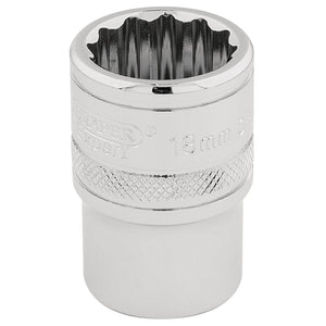 A Draper Hi-Torq® 12 Point Socket, 1/2" Sq. Dr., 18mm - H-MM/B, crafted from chrome vanadium steel and featuring a knurled section for grip.