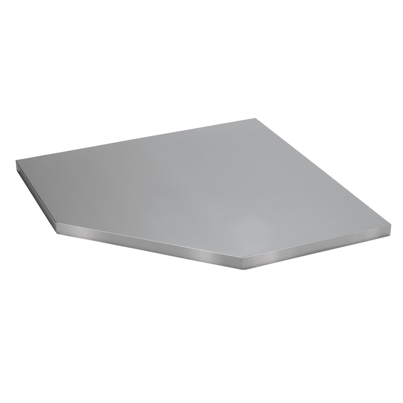 A Draper Bunker® Modular Stainless Steel Worktop for Corner Cabinet, 865mm - MS400-SSC, silver and polygon-shaped with sharp, clean edges, placed against a white background.