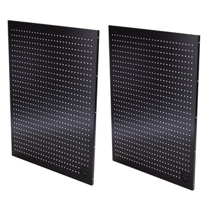 Two Draper Bunker® Modular Corner Unit Back Panels/Pegboards, 795mm (Pair) - MS400-PBC, showcasing circular cutouts in the lower right corners, standing upright against a white background, featuring a highly durable matte black textured finish.