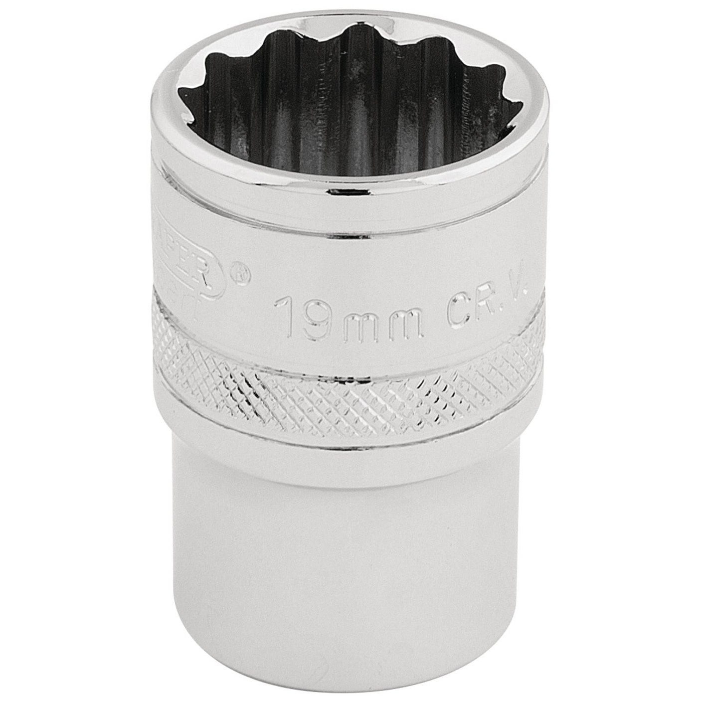 A Draper Hi-Torq® 12 Point Socket, 1/2" Sq. Dr., 19mm - H-MM/B with a knurled grip and polished finish, featuring durable chrome vanadium steel construction and a 12-point design.