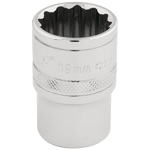 A Draper Hi-Torq® 12 Point Socket, 1/2" Sq. Dr., 19mm - H-MM/B with a knurled grip and polished finish, featuring durable chrome vanadium steel construction and a 12-point design.