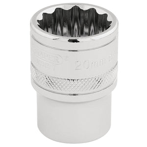 Here's a rephrased version using the provided product data:

The Draper Hi-Torq® 12 Point Socket, 1/2" Sq. Dr., 20mm - H-MM/B from Draper is made of chrome vanadium steel and features a knurled ring grip section along with a 12-point star-shaped end.