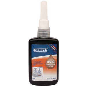 A 50ml bottle of Draper D542 Hydraulic Seal - DHS542 by Draper, featuring a white dispensing nozzle and designed for sealing metal threaded fittings and hydraulic pipes with medium strength and high pressure resistance.