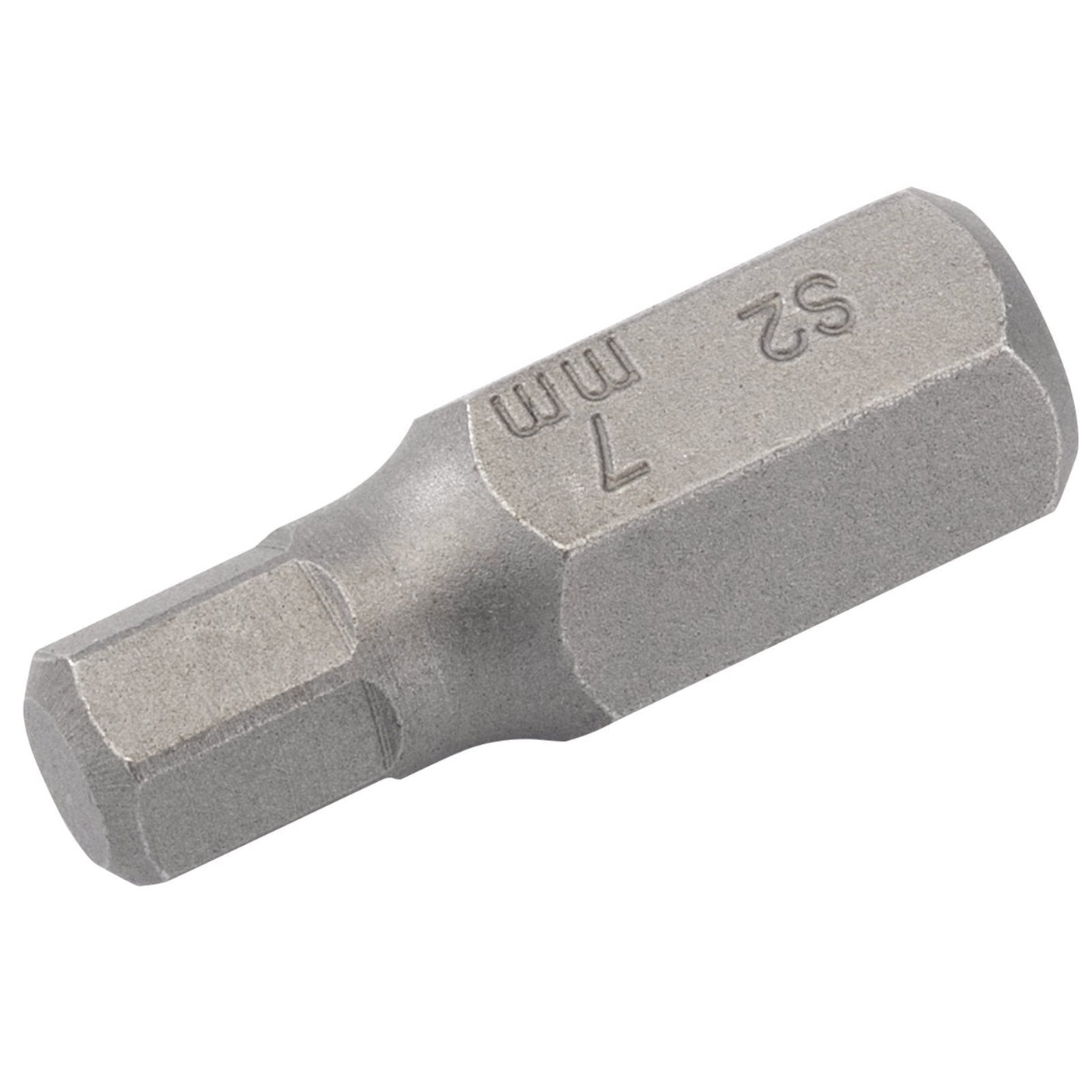 The Draper 7mm x 30mm Hexagonal 10mm Insert Bit (YMH40/SC/B) is a high-quality tool marked with "S2" and "7mm," featuring a metallic, cylindrical shape with hexagonal ends. This expert-grade bit is an excellent addition to any mechanic's bit set, designed to fit seamlessly into compatible screw heads or tools.