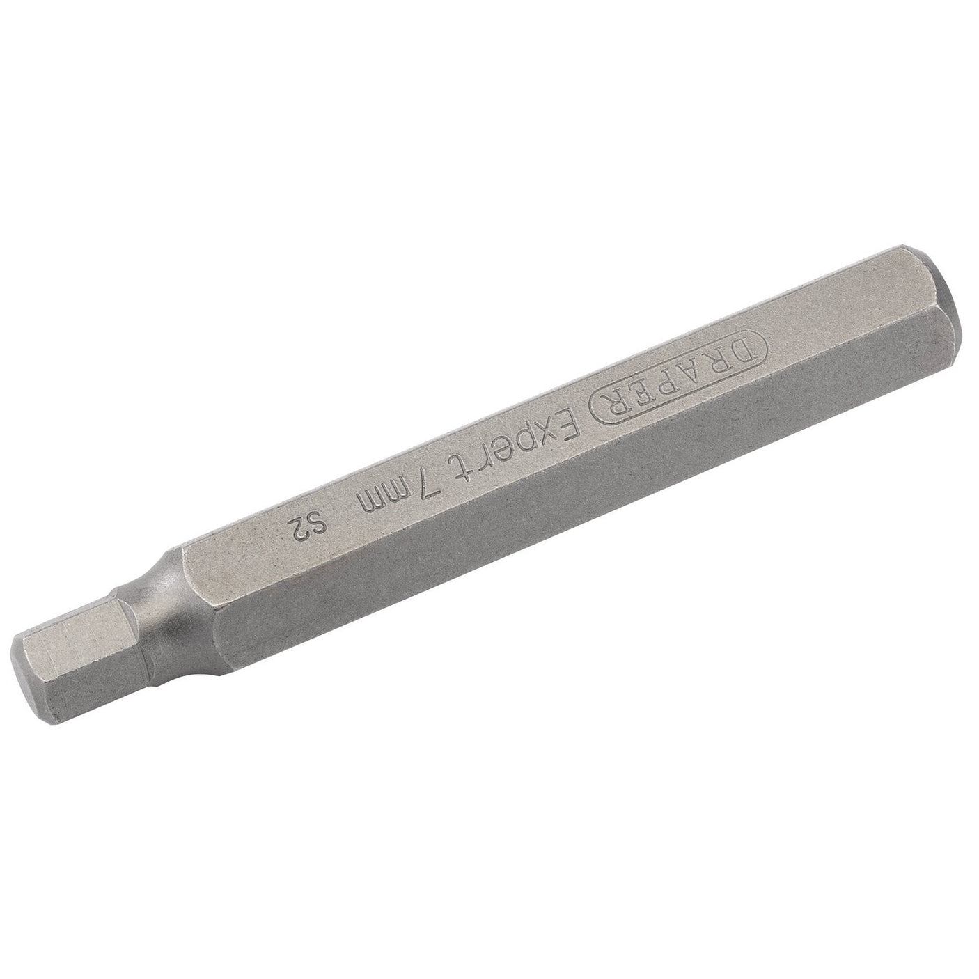 A silver hexagonal tool bit with "Draper 7mm X 75mm Hexagonal 10mm Insert Bit For Mechanic's Bit Sets - YMH40/SC/B" inscribed on it, exemplifying the expert quality often found in mechanic's bit sets from the Draper brand.