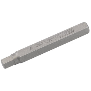 Close-up of a hexagonal metal tool bit with the brand name "DRAPER" and "8MM X 75MM HEXAGONAL 10MM INSERT BIT" engraved on its surface, showcasing its Expert Quality.