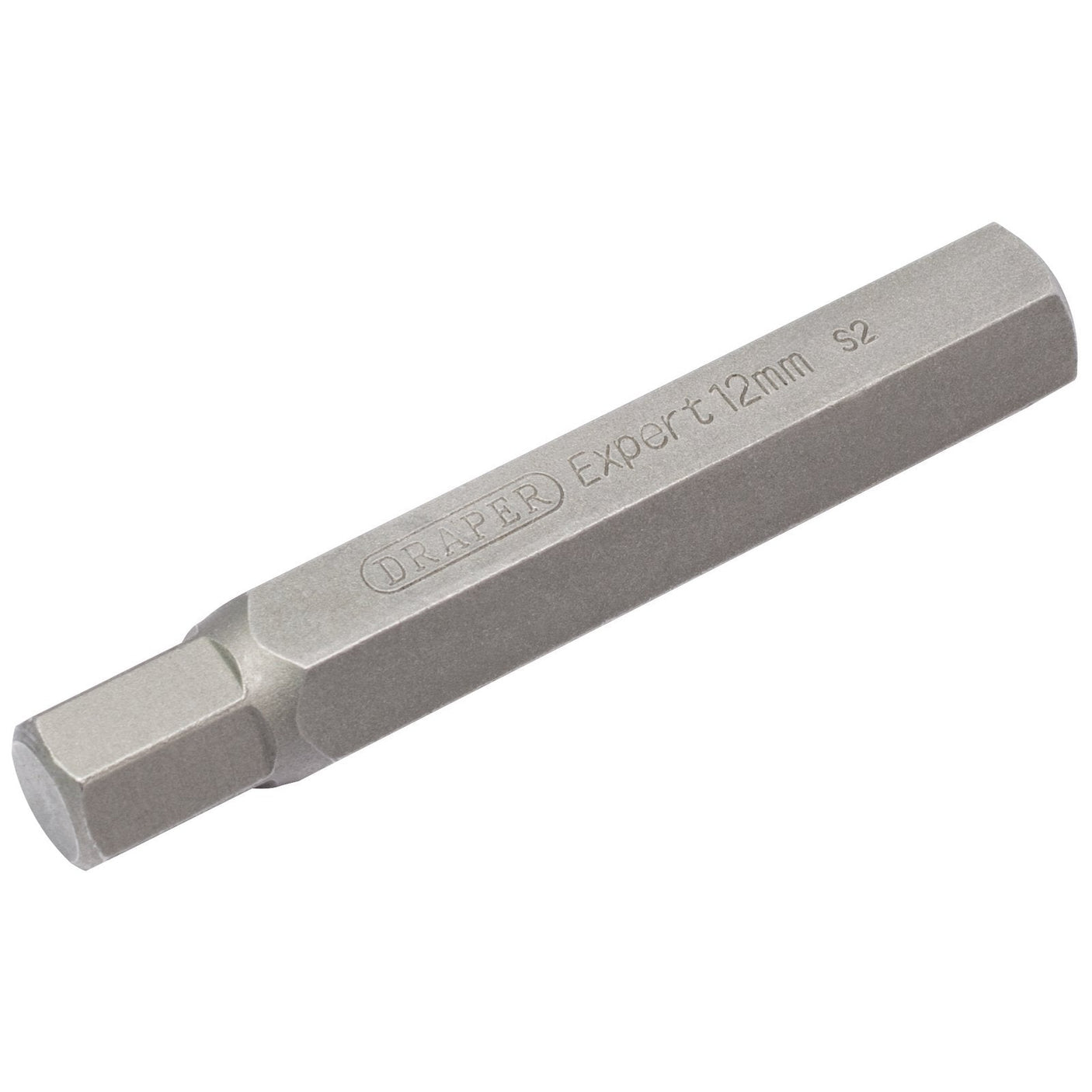 A Draper 12mm x 75mm hexagonal insert bit for mechanic's bit sets, identified as YMH40/SC/B, with "Draper Expert" engraved on the side. The bit is metallic and features a hexagonal shape at the tip, making it ideal for inclusion in any mechanic's toolkit.