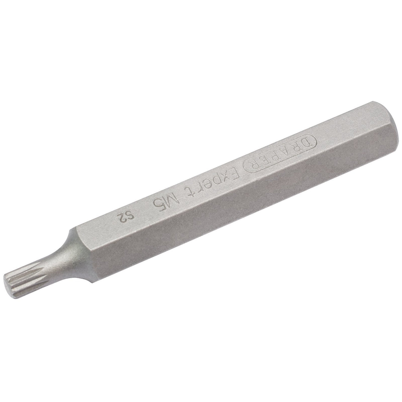 The Draper M5 x 75mm Spline Insert Bit for Mechanic's Bit Sets, identified as YMH40/SC/B, is a silver Torx screwdriver bit featuring "DRAPER EXPERT T M5" and "S2" engraved on its hexagonal shaft. Designed for expert quality, this 10mm insert bit is both reliable and ideal for mechanic's bit sets.