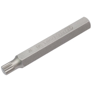 A silver Draper M8 x 75mm spline bit with a 10mm hexagonal shank, ideal for Mechanic's Bit Sets and engraved with "DRAPER EXPERT TX 8 S2" on its side, denotes its Expert Quality.