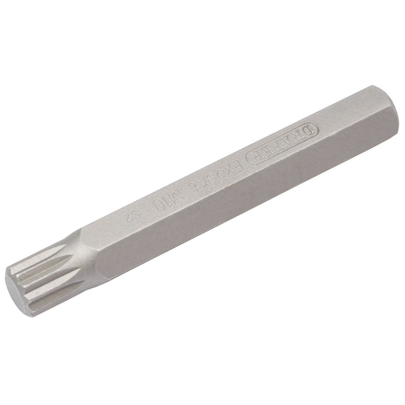 The Draper M10 X 75mm Spline 10mm Insert Bit (YMH40/SC/B), an expert-quality tool, features a metal cylindrical body with a multi-tooth tip. It is ideal for automotive or mechanical applications and perfectly complements any mechanic’s bit sets.