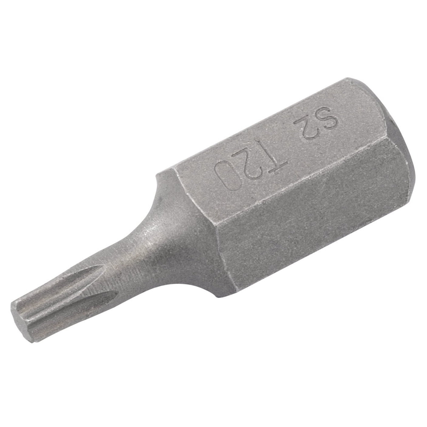 The Draper Tx-Star® 10mm Insert Bit for Mechanic's Bit Sets, T20 X 30mm - YMH40/SC/B is a high-quality steel Torx screwdriver bit engraved with "T20" and "52" on the side. It features a six-pointed star-shaped tip, making it an ideal addition to expert quality mechanic's bit sets.