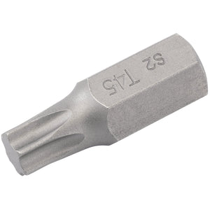 A close-up of a metallic screwdriver bit with a star-shaped tip, marked with "S2 T45." This expert quality bit is a Draper T45 x 30mm Tx-Star® 10mm insert bit for mechanic's bit sets, known for its precision and optimal performance.