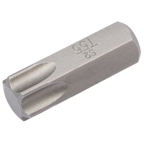 A close-up of the Draper T55 X 30mm Draper Tx-Star® 10mm Insert Bit, marked "T55 S2." The bit has a silver metallic finish and features hexagonal and star-shaped ends, ideal for Mechanic's Bit Sets.