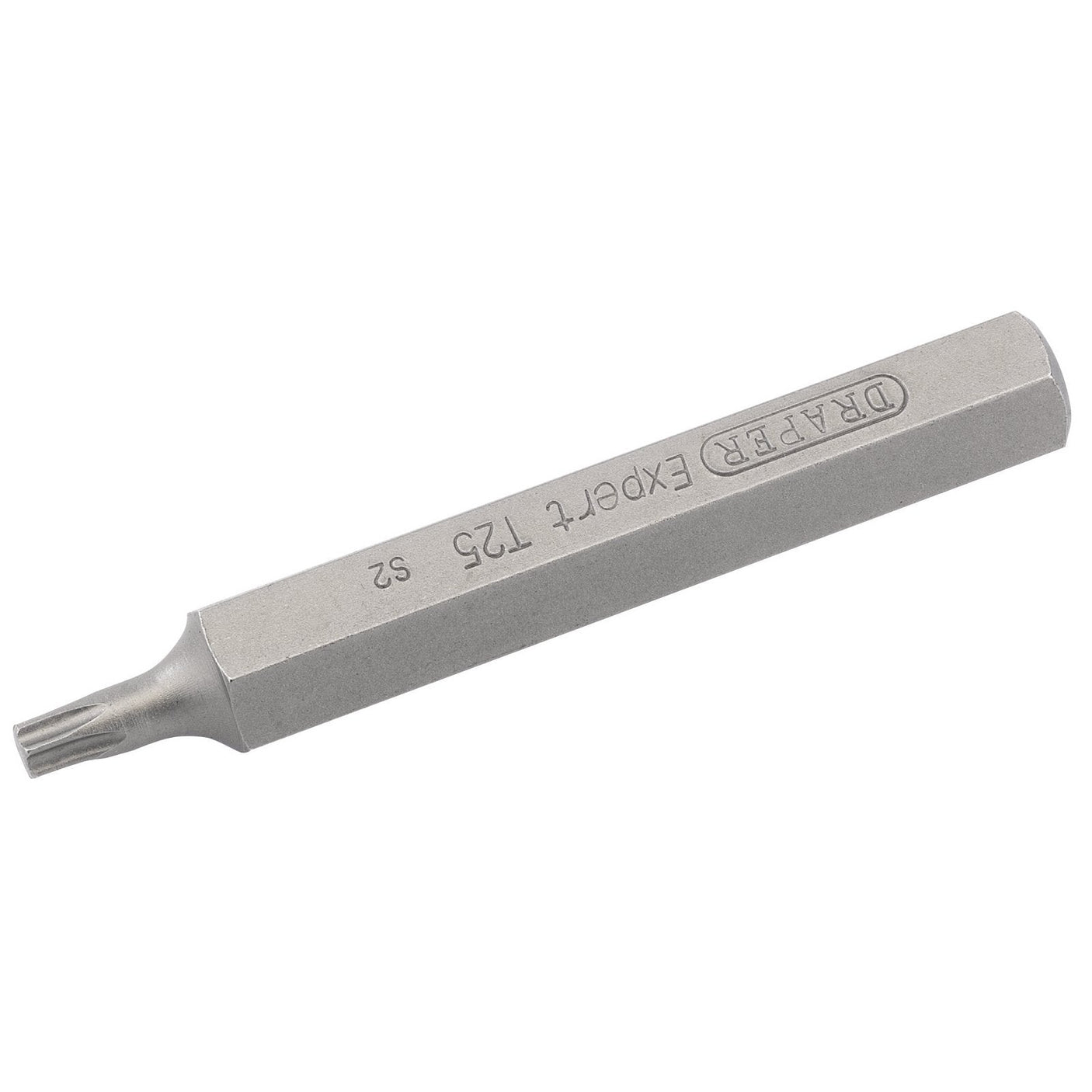 A Draper T25 x 75mm Tx-Star® 10mm insert bit for mechanic's bit sets, marked with "DRAPER EXPERT T25 S2," signifies its Expert Quality.