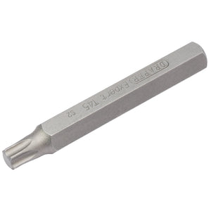 A metal Draper T45 x 75mm Torx hex bit with a hexagonal shank and engraved text, "DRAPER EXPERT T45 S2," on the body, exemplifying Expert Quality craftsmanship to integrate seamlessly into Mechanic's Bit Sets.