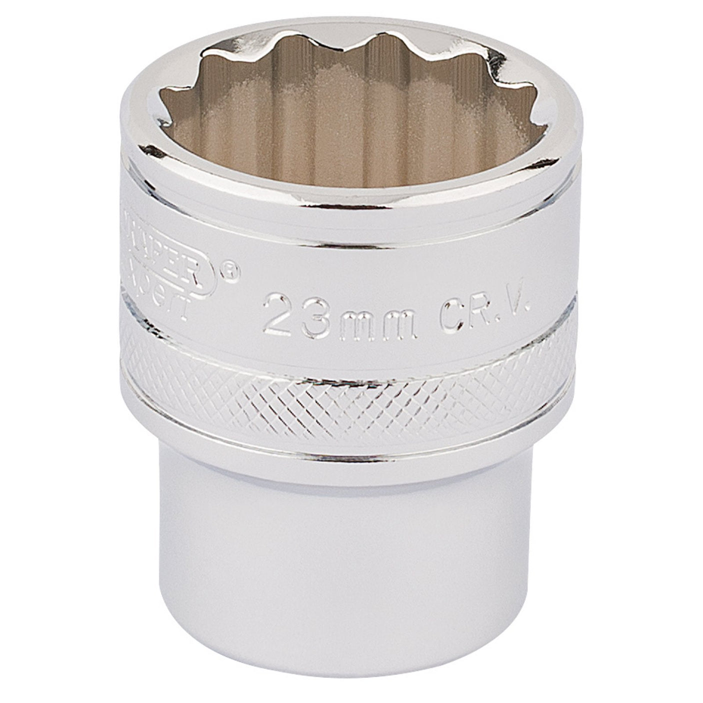 A 23mm Draper Hi-Torq® 12 Point Socket, featuring a shiny, metallic finish and a knurled ring for enhanced grip, labeled "23mm C.R.V.," and crafted from durable chrome vanadium steel.