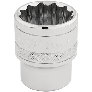 A Draper Hi-Torq® 12 Point Socket, 1/2" square drive, 25mm - H-MM/B, crafted from durable chrome vanadium steel and chrome-plated for extra durability, features a knurled grip for added control.