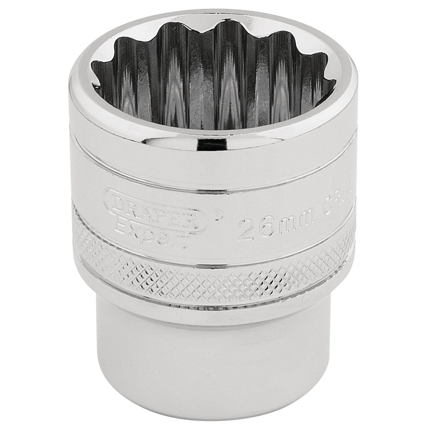 A 26mm Draper Hi-Torq® 12 Point Socket with a knurled band, crafted from durable chrome vanadium steel and branded with "Draper.