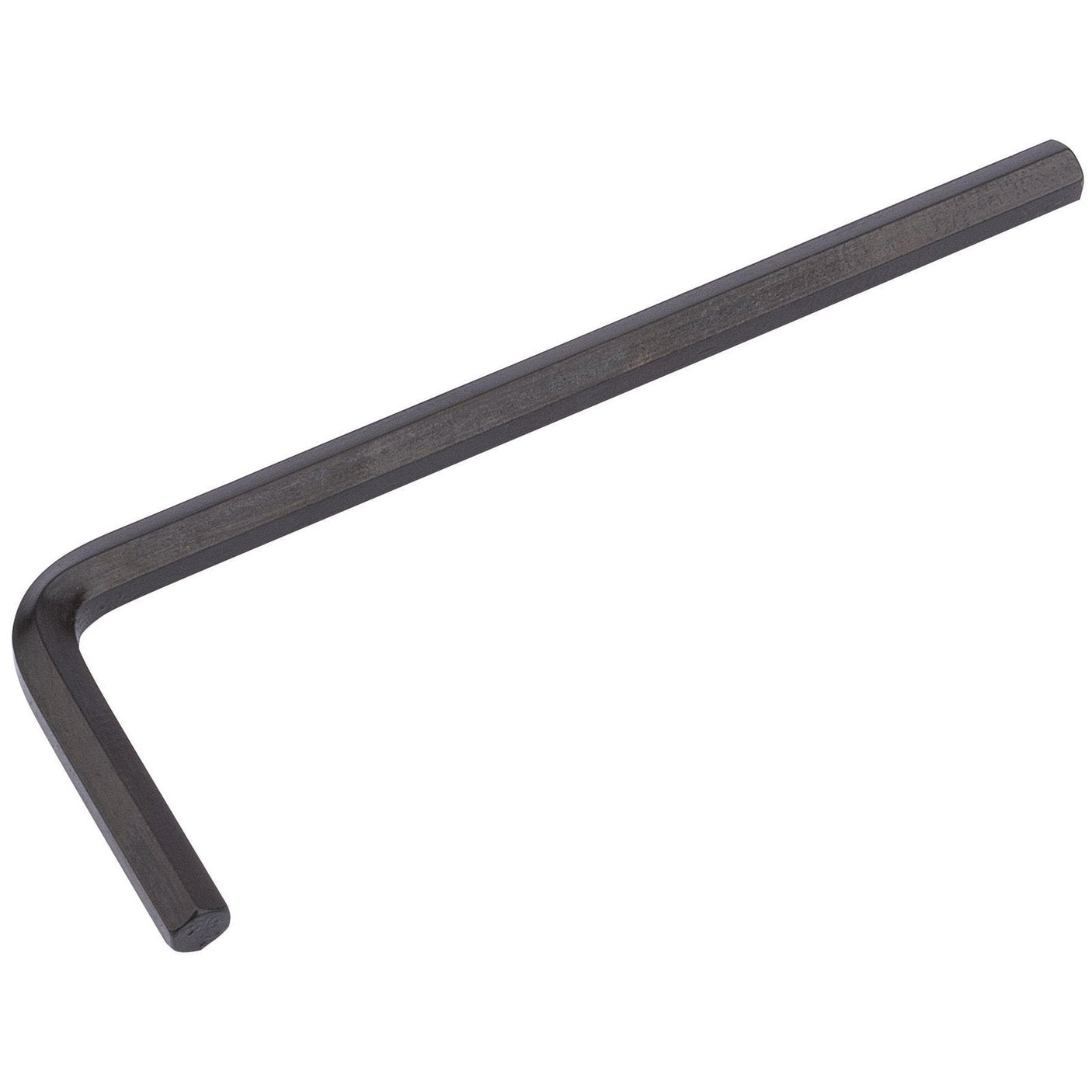 The Draper Metric Hexagon Key, 3.5mm - 4567-MM/B is a black L-shaped Allen wrench made of durable chrome vanadium steel, featuring one short arm and one long arm with chamfered ends for easy insertion.