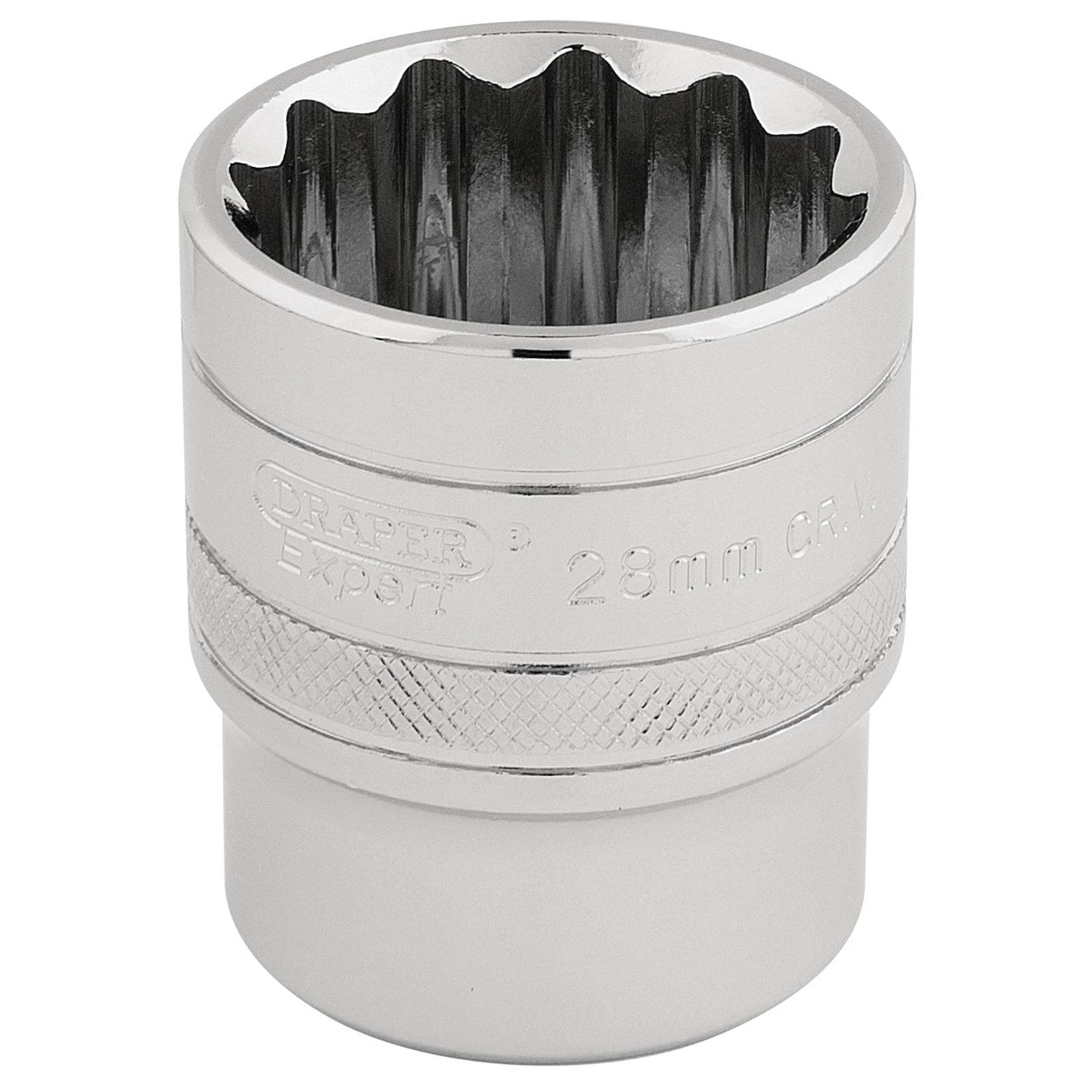 The Draper Hi-Torq® 12 Point Socket, 1/2" Sq. Dr., 28mm - H-MM/B, features a chrome-vanadium steel construction with a knurled grip and a 12-point interior design, meeting DIN3122 and ISO3315 specifications.