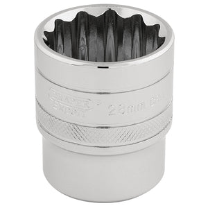 The Draper Hi-Torq® 12 Point Socket, 1/2" Sq. Dr., 28mm - H-MM/B, features a chrome-vanadium steel construction with a knurled grip and a 12-point interior design, meeting DIN3122 and ISO3315 specifications.