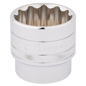 A Draper Hi-Torq® 12 Point Socket with a 1/2" square drive and a 36mm opening, featuring a shiny silver finish, knurled ring grip, hexagonal top opening, and crafted from durable chrome vanadium steel.