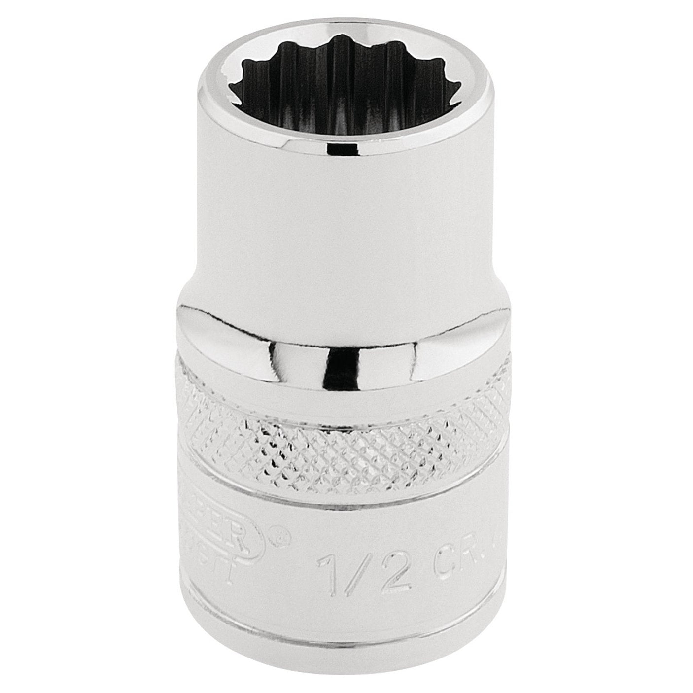 The Draper Hi-Torq® 12 Point Socket, 1/2" Sq. Dr., 1/2" - H-AF/B features a knurled ring and a 12-point interior design, ideal for use with a ratchet or wrench.