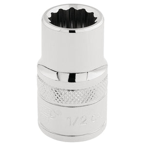 The Draper Hi-Torq® 12 Point Socket, 1/2" Sq. Dr., 1/2" - H-AF/B features a knurled ring and a 12-point interior design, ideal for use with a ratchet or wrench.