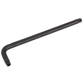 The Draper Tx-Star® Security Key, T40T - TXKTP, is a black L-shaped Torx wrench made of hardened and tempered chrome vanadium steel. It features both straight and bent ends, making it perfect for fastening screws with a star-shaped drive, including those in the Draper TX-STAR and other Torx fixing systems.
