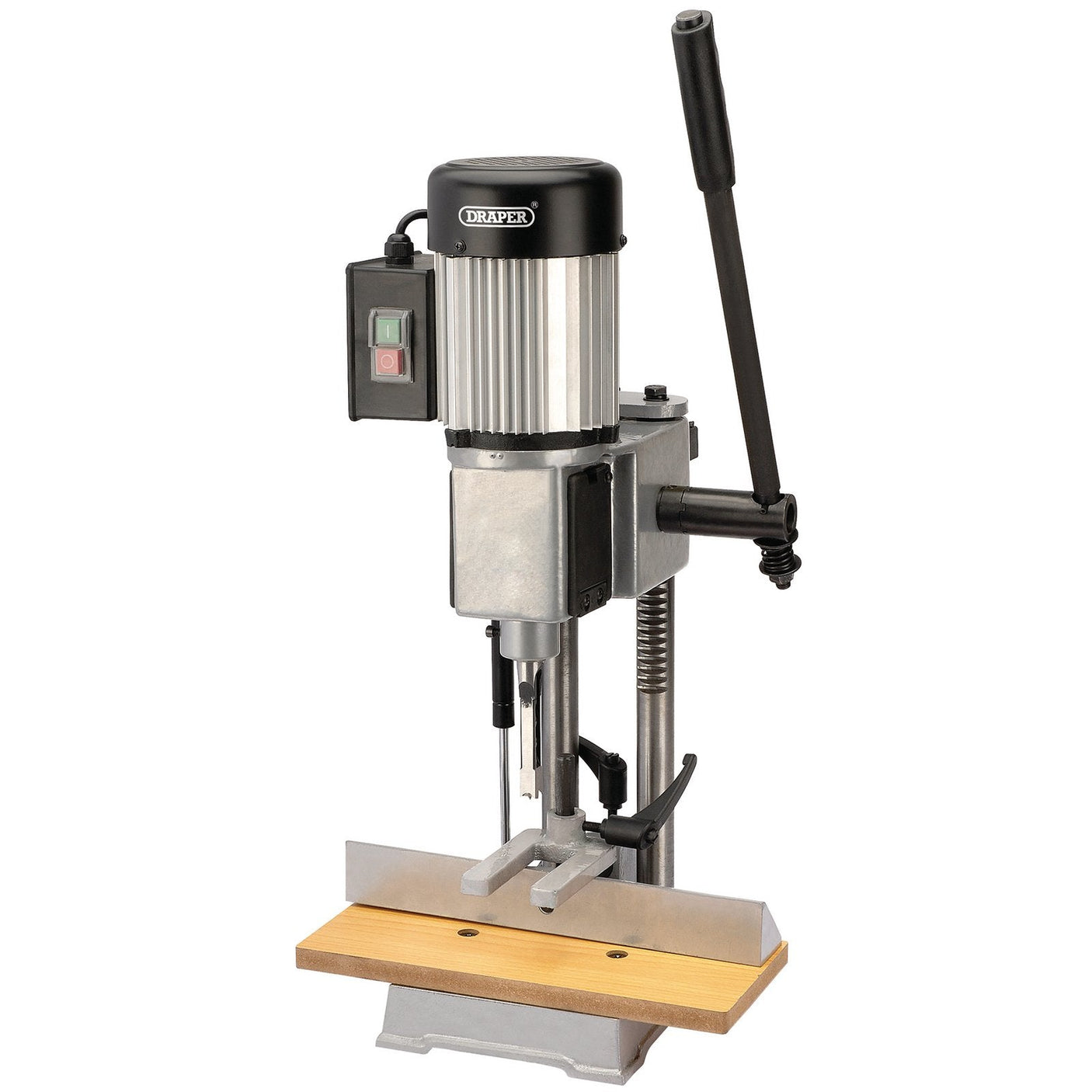 The Draper Bench Morticer, 1/2", 370W - BM13C is a silver and black morticing machine designed for workshop use. It features a lever handle, control switch, and wooden work table. It also comes complete with a chisel set.