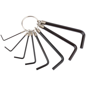 The Draper Metric Hexagon Key Set (8 Piece) - TKR8M/B features eight hex keys of various sizes, made from durable chrome vanadium steel, all attached to a convenient key ring holder.