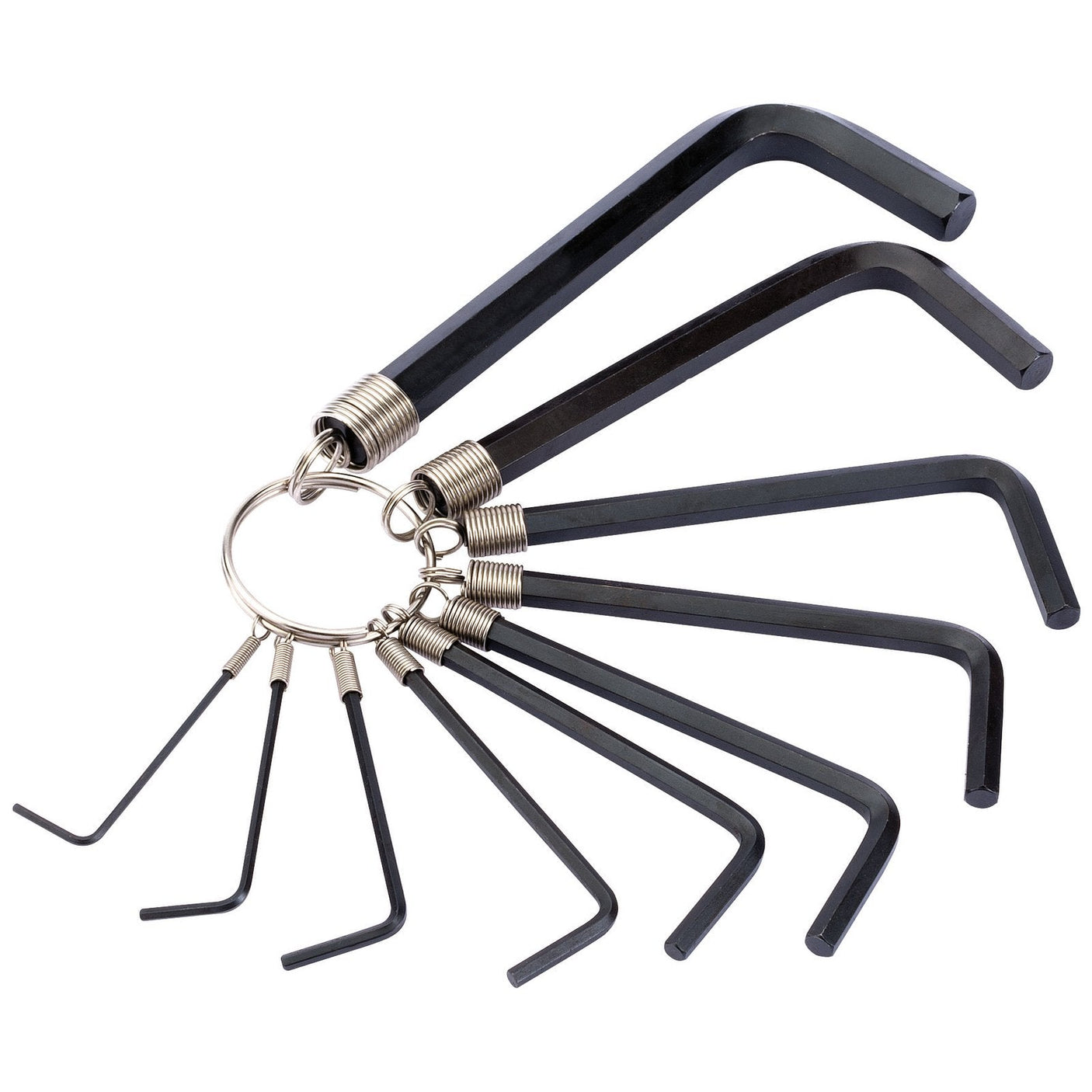 A set of black hex keys (Allen wrenches) from the Draper brand, specifically the Draper Metric Hexagon Key Set (10 Piece) - TKR10M/B, made from durable chrome vanadium steel and attached to a silver metal key ring holder.