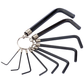 A set of black hex keys (Allen wrenches) from the Draper brand, specifically the Draper Metric Hexagon Key Set (10 Piece) - TKR10M/B, made from durable chrome vanadium steel and attached to a silver metal key ring holder.