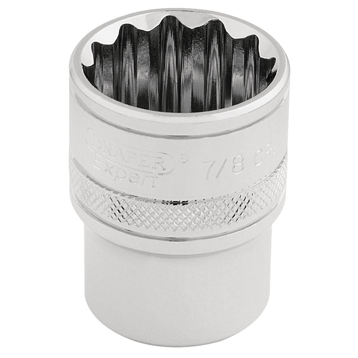 A Draper Expert Hi-Torq® 7/8 inch 12-point socket with a 1/2" square drive, crafted from durable chrome vanadium steel and featuring a knurled ring for a secure grip, viewed from the side.