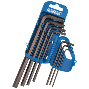 A set of metric hex keys in seven different sizes, crafted from durable chrome vanadium steel, held in a blue plastic case labeled "Draper Metric Hexagon Key Set (7 Piece) - LKW7M/B.