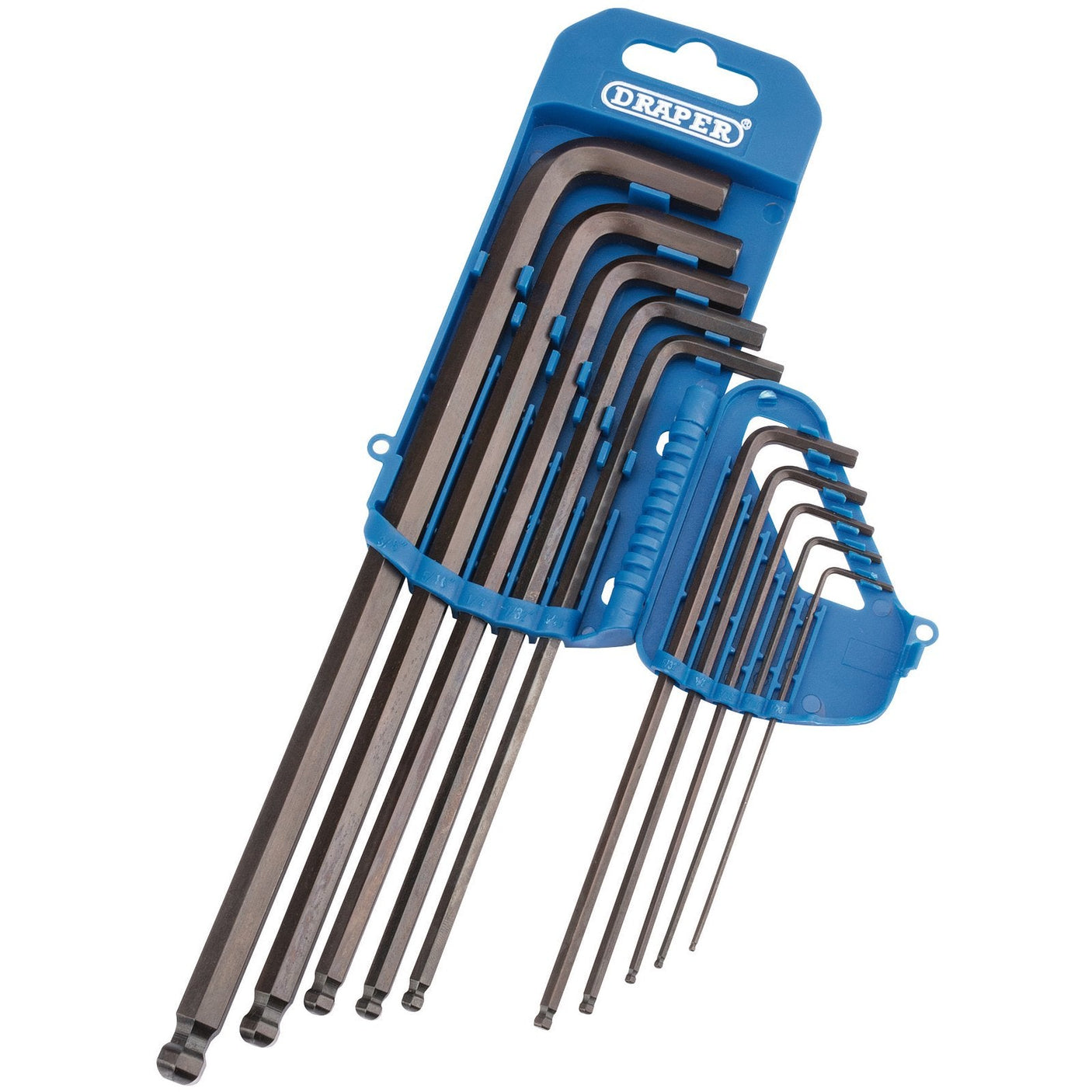 Introducing the Draper Extra Long Imperial Hex and Ball End Hex Key Set (10 Piece) - TBTL10A/B, featuring a range of extra long hex keys in various sizes, forged from durable chrome vanadium steel, and organized in a convenient blue plastic holder with labeled slots for each key.