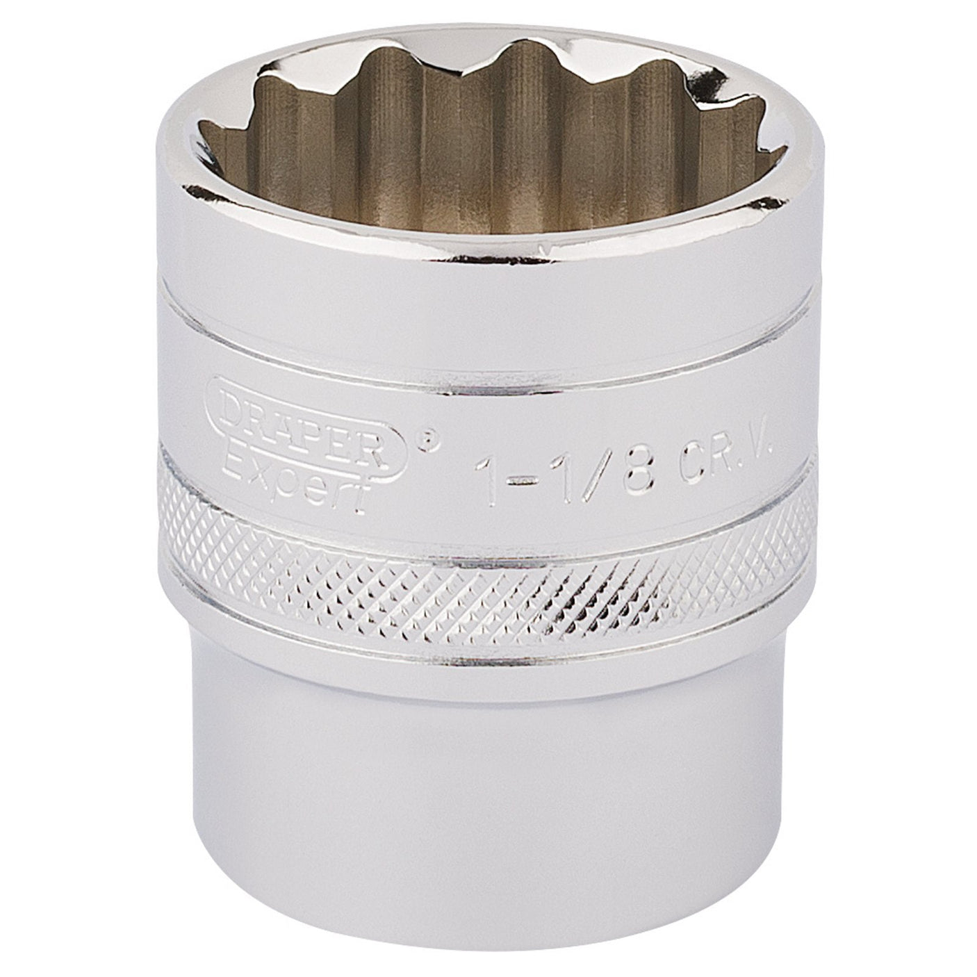 A Draper Hi-Torq® 12 Point Socket, 1/2" Sq. Dr., 1.1/8" - H-AF/B, featuring a chrome-plated finish for extra grip and precision craftsmanship from high-quality chrome vanadium steel.