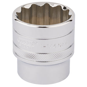 A shiny, metallic Draper Hi-Torq® 12 Point Socket with a 1-1/4 inch size, featuring a textured grip and knurled ring, crafted from durable chrome vanadium steel.