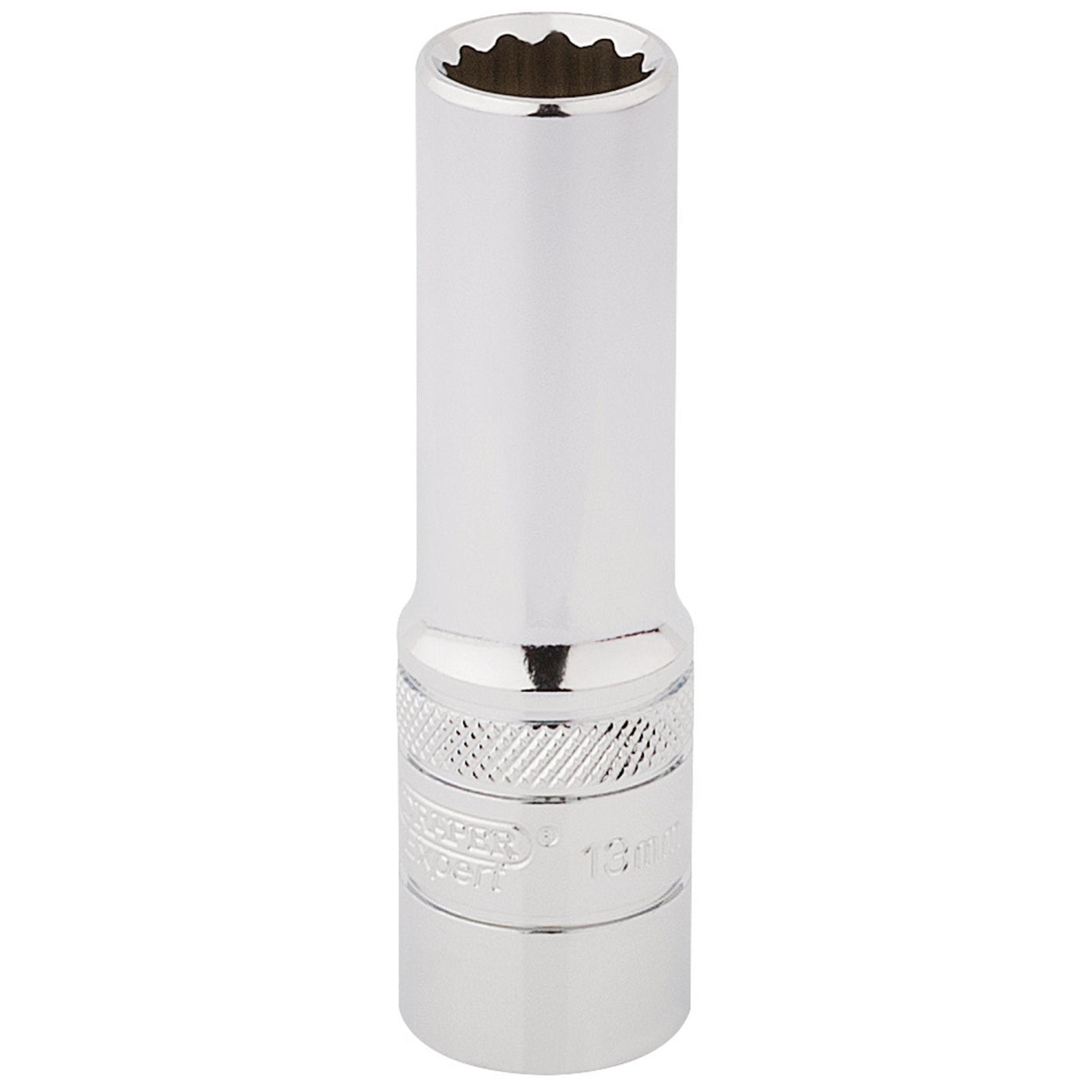 The Draper Hi-Torq® 12 Point Deep Socket, 1/2" Sq. Dr., 13mm - HT-MM/B, a shiny, silver tool made from durable chrome vanadium and designed for tightening or loosening nuts and bolts, is shown against a white background.