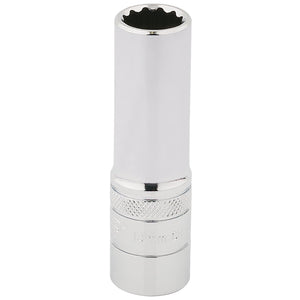 The Draper Hi-Torq® 12 Point Deep Socket, 1/2" Sq. Dr., 14mm - HT-MM/B is a premium attachment crafted from durable chrome vanadium steel with a lustrous polished finish and a versatile 12-point design, ideal for efficiently tightening or loosening nuts and bolts.