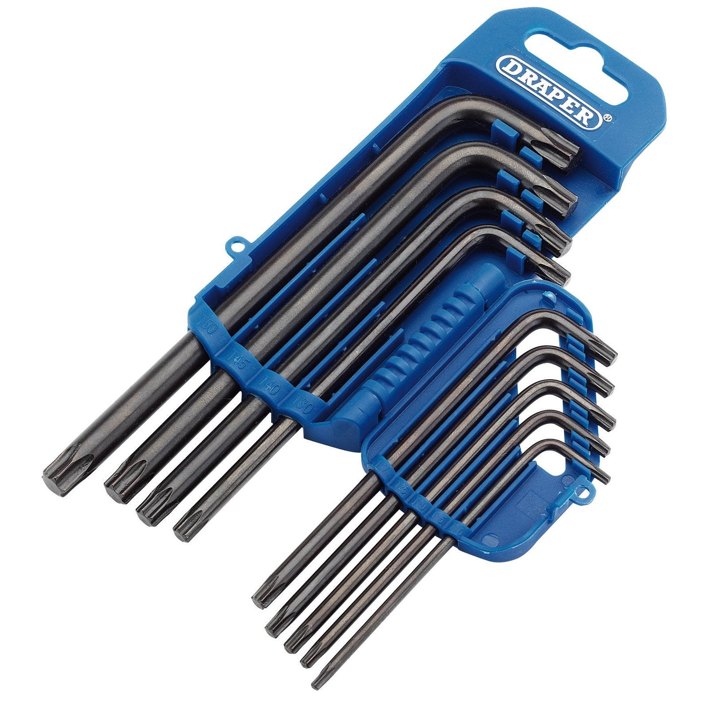 A set of black Draper Tx-Star® Key wrenches (9 Piece) - TX8/9/B in various sizes, organized in blue plastic holders with the brand name "Draper" at the top. Made from durable S2 steel, they are ideal for Torx fixing systems.