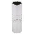 The Draper Hi-Torq® 12 Point Deep Socket, 1/2" Sq. Dr., 19mm - HT-MM/B, crafted from durable chrome-vanadium steel and featuring a knurled ring for a secure grip, is designed to be used with a ratchet to effortlessly loosen or tighten nuts and bolts.