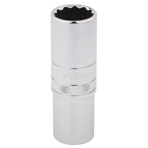 The Draper Hi-Torq® 12 Point Deep Socket, 1/2" Sq. Dr., 19mm - HT-MM/B, crafted from durable chrome-vanadium steel and featuring a knurled ring for a secure grip, is designed to be used with a ratchet to effortlessly loosen or tighten nuts and bolts.