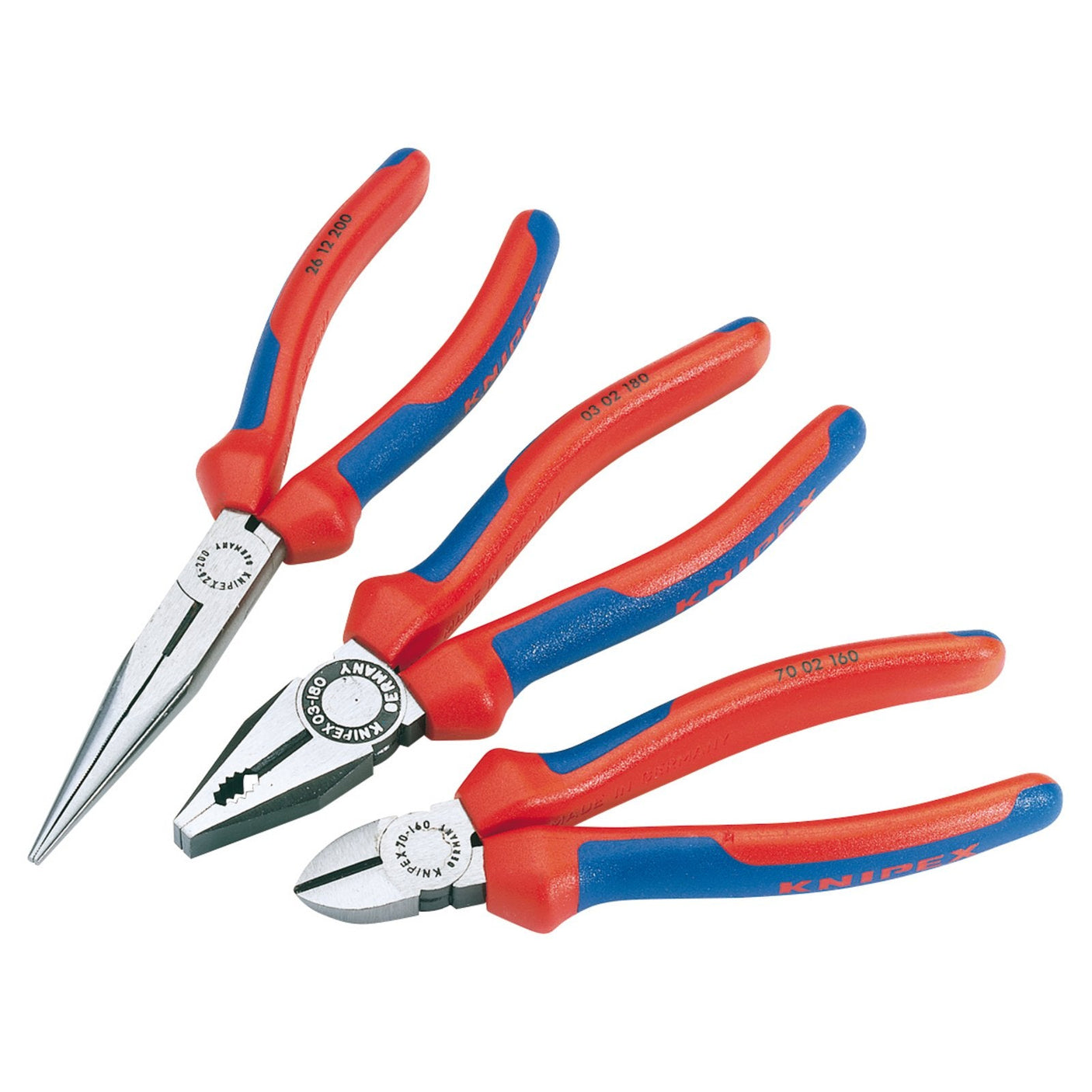 The Draper Knipex 00 20 11 Pliers Assembly Pack (3 Piece) includes professional-quality needle-nose pliers, combination pliers, and side cutters. Each tool features "Knifix" branding on the handles, ensuring durability and efficiency for all your needs.