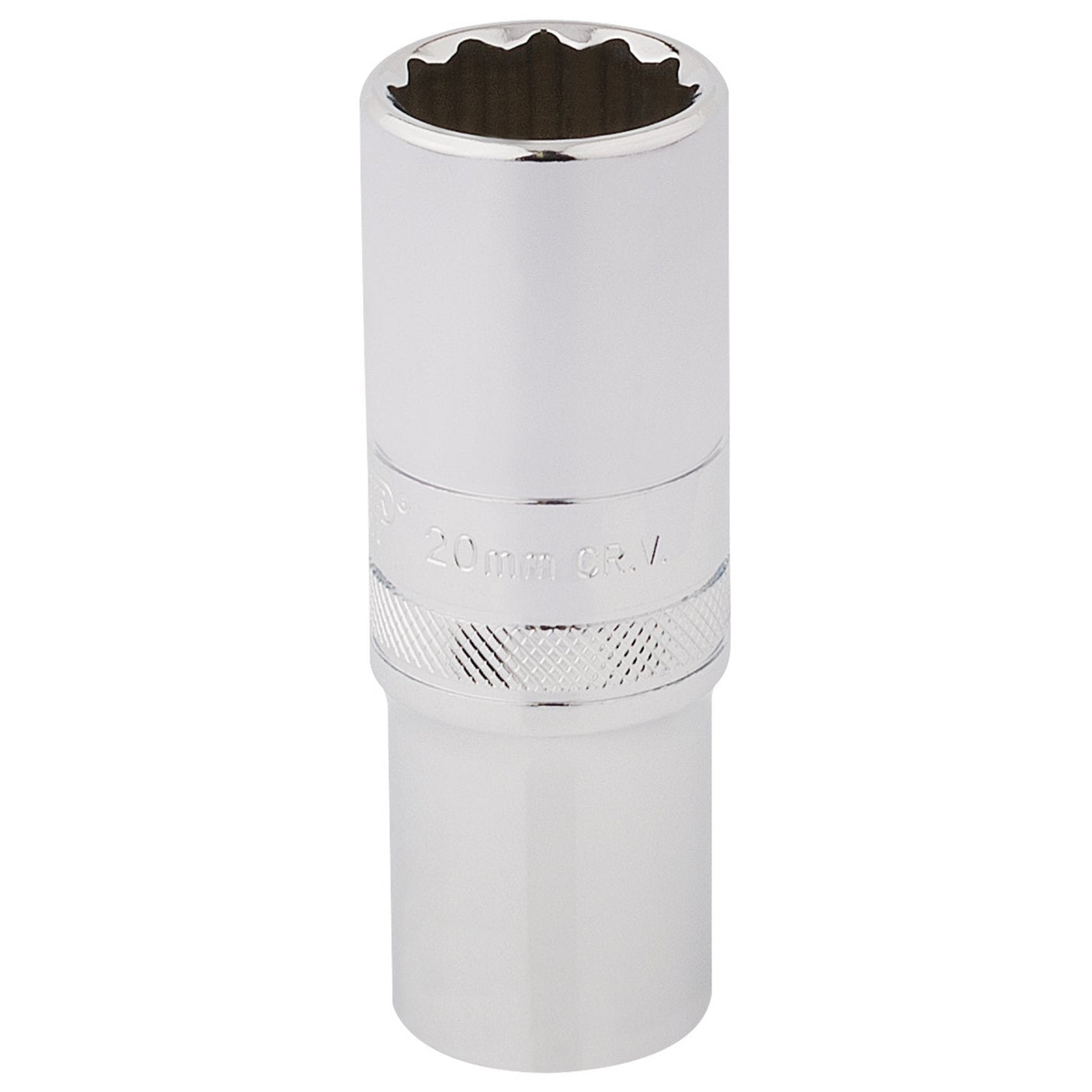 The Draper Hi-Torq® 12 Point Deep Socket, 1/2" Sq. Dr., 20mm (HT-MM/B), made from chrome vanadium steel and featuring a knurled ring grip, is used for tightening or loosening bolts or nuts.