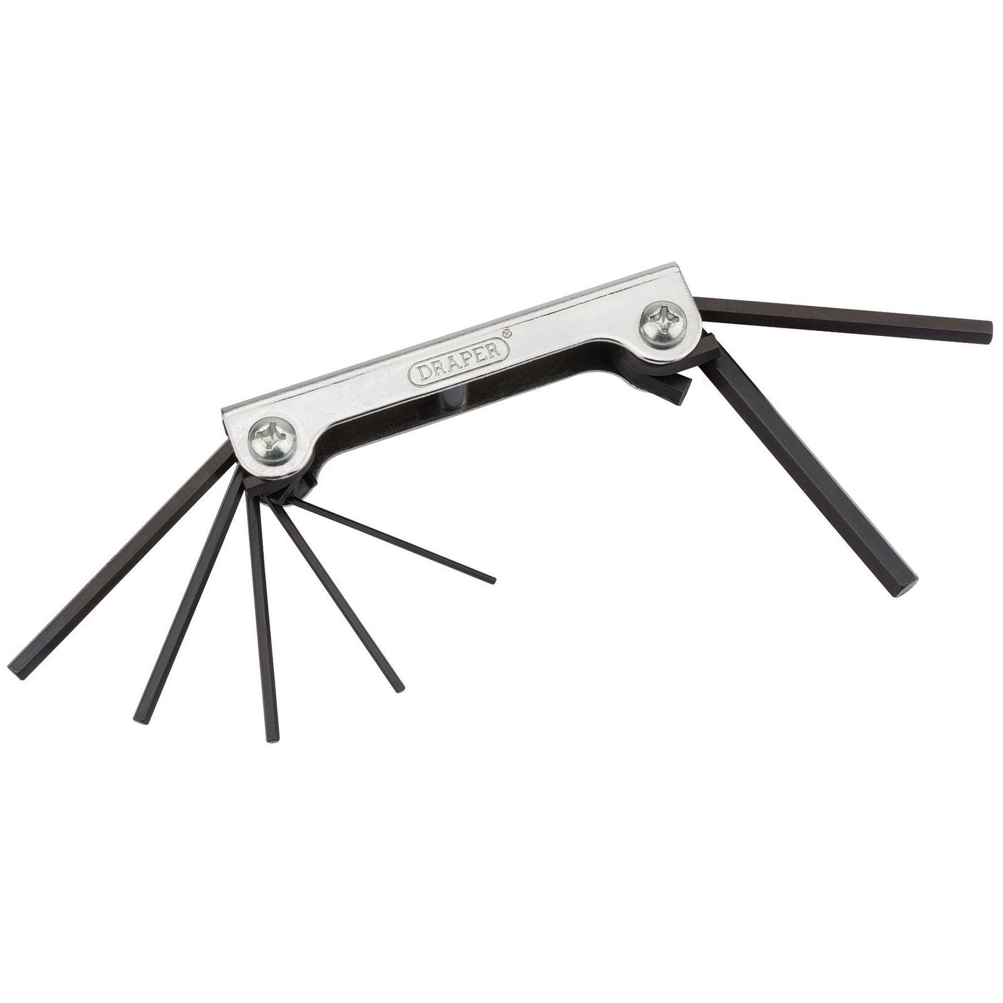 The Draper Metric Hex Pocket Key Set (7 Piece) - TKW7M/B includes multiple sizes of chrome vanadium steel hex keys that fan out from a central hinge. The handle is branded "Draper.