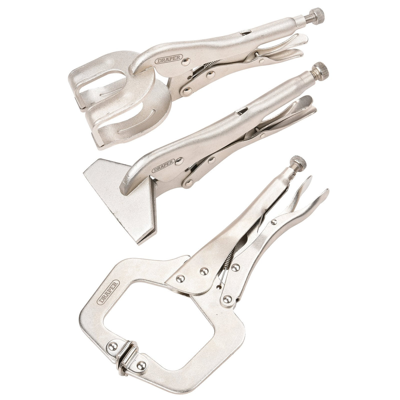 The Draper Self Grip Clamp Kit (3 Piece) - 9013K is displayed against a white background, featuring C-clamp, sheet metal clamp, and wide-mouth clamp options, perfect for any welding project.